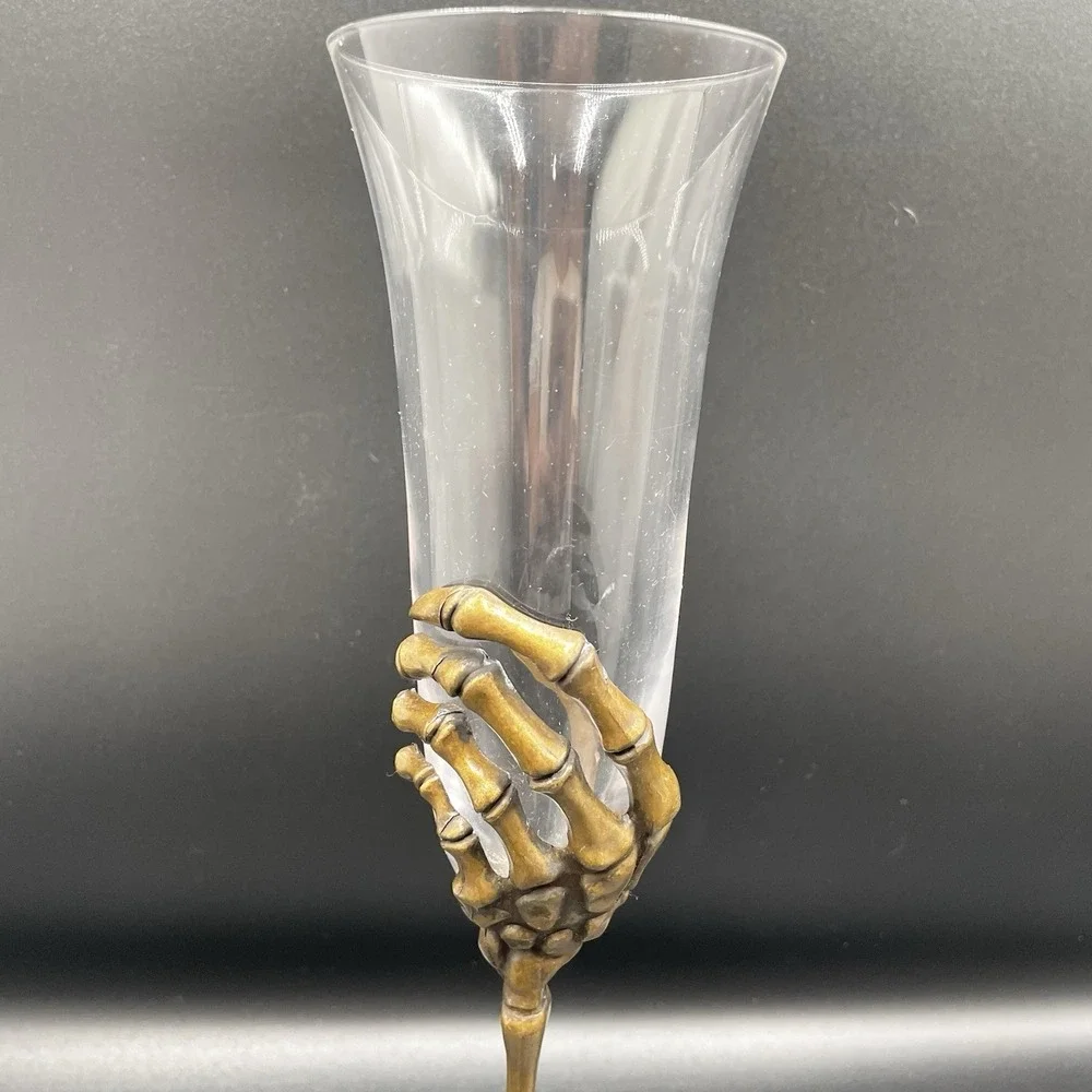 Skeleton Hand Fluted Champagne Glass‎ Gold Metal Base Clear Glass Halloween